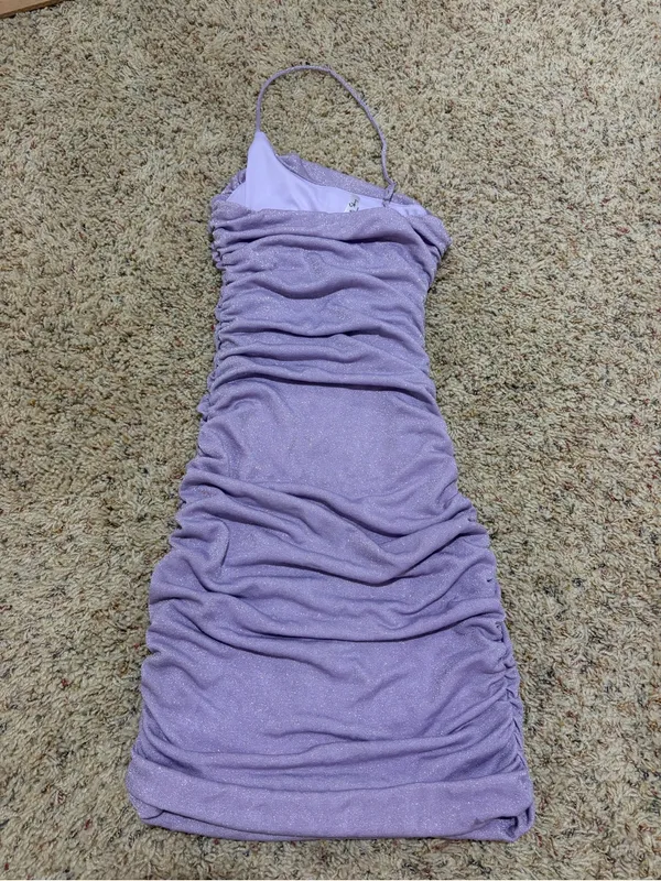 Lucy in the Sky Gina One Shoulder Ruched Bodycon Hoco Mini Dress Purple Shimmer - Image 13