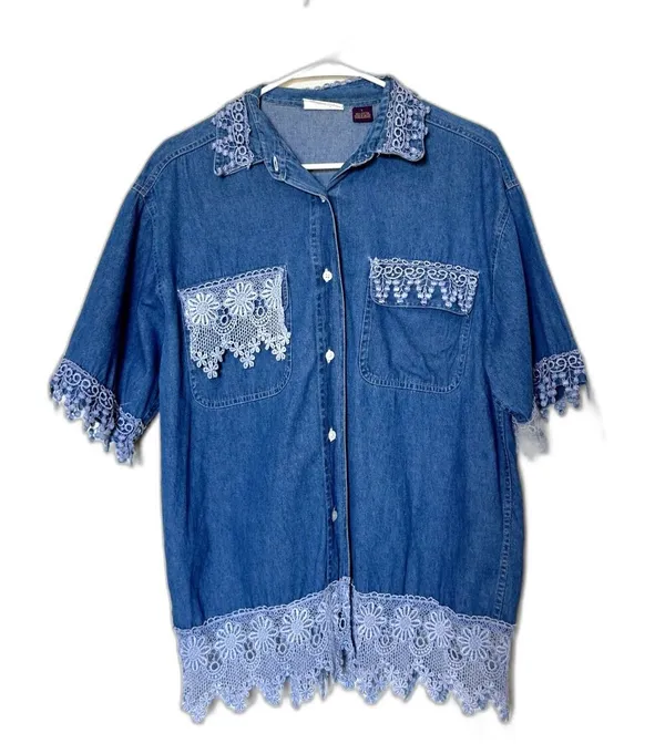 Specialtees Vintage 90s Embroidered Denim Shirt L Button Down Blue Boho - Image 2