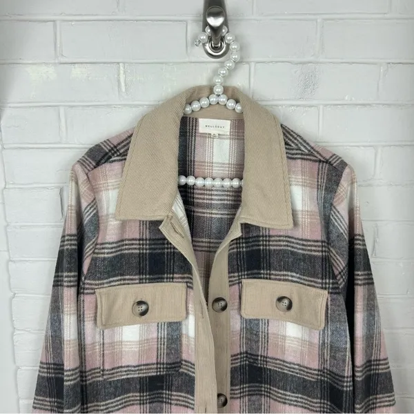 Melloday Pink Brown Plaid Long Line Button Front Shacket Size XL - Image 4