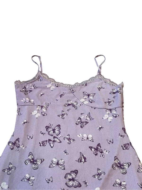 Purple Butterfly Print Babydoll Mini Slip Dress Lace Trim Y2K Fairycore Coquette - Image 4