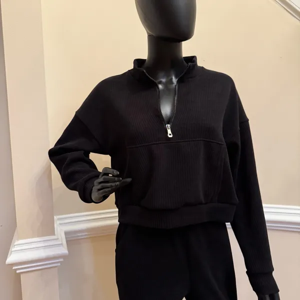 Two Piece Ribbed Set Tracksuit Sport Set Gym Crop Top Mock Neck Blouse Pants - Image 3