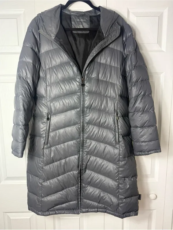 Calvin Klein Grey Duck Down Puffer Long Coat Packable Hooded Zip Size Large - Image 7