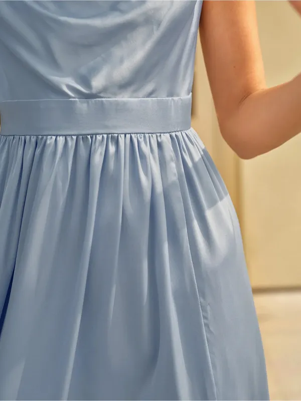 Rihoas Blue Satin Ruched Slip Maxi Dress - Image 4