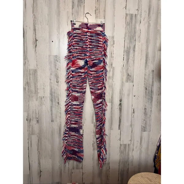 Red White Blue Crochet Flare Knit Pants Womens XS 2 Fringe Side Patriotic 4th of - Image 5