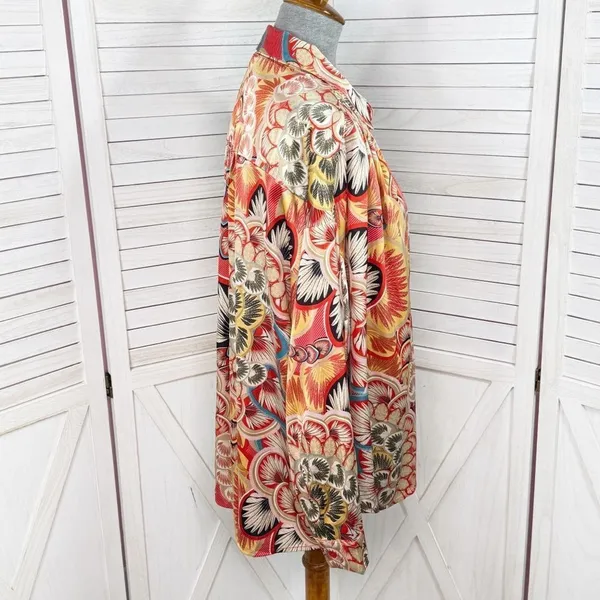 Jodifl Boho‎ Printed Satin Button Up Blouse Shirt Orange Multi Large - Image 4