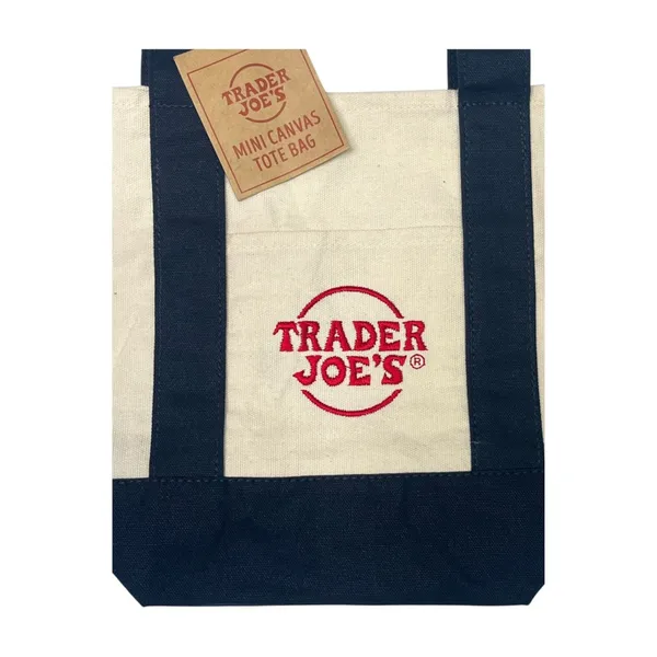 Trader Joes Mini Canvas Tote Bag Cream Blue Logo Embroidered Reusable Grocery - Image 6
