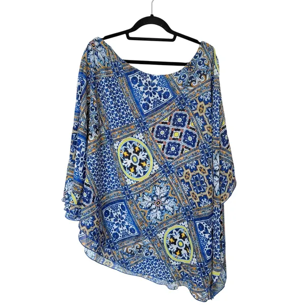 Show Me Your Mumu Tunic Top Large Blue Yellow Tile Print Flutter Sleeve‎ Sheer L - Image 2