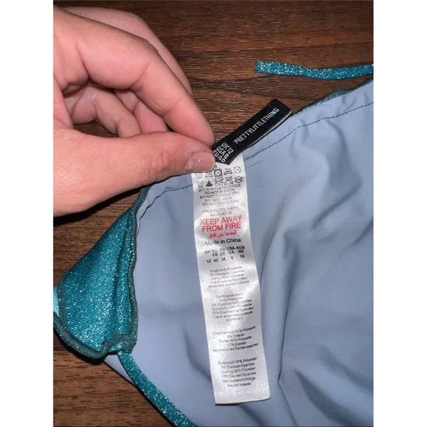 PrettyLittleThing Blue Teal Metallic Patchwork Tie-Side Bikini Bottom - Image 5