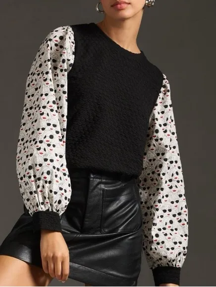 Anthropologie Porridge Textured Sweatshirt size Large black white pop art print - Image 2