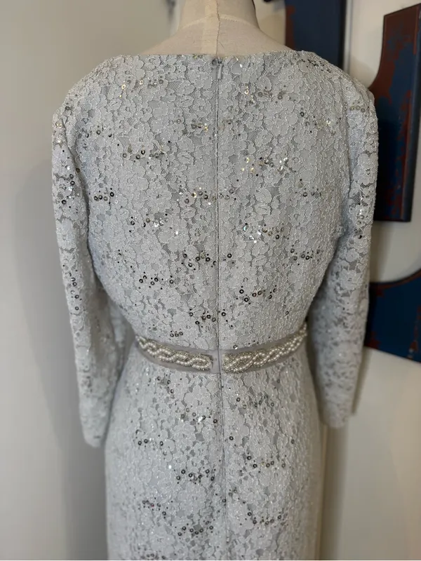 Alex Evenings Silver Grey Lace Long-Sleeve Evening Gown Sz 4 - Image 3