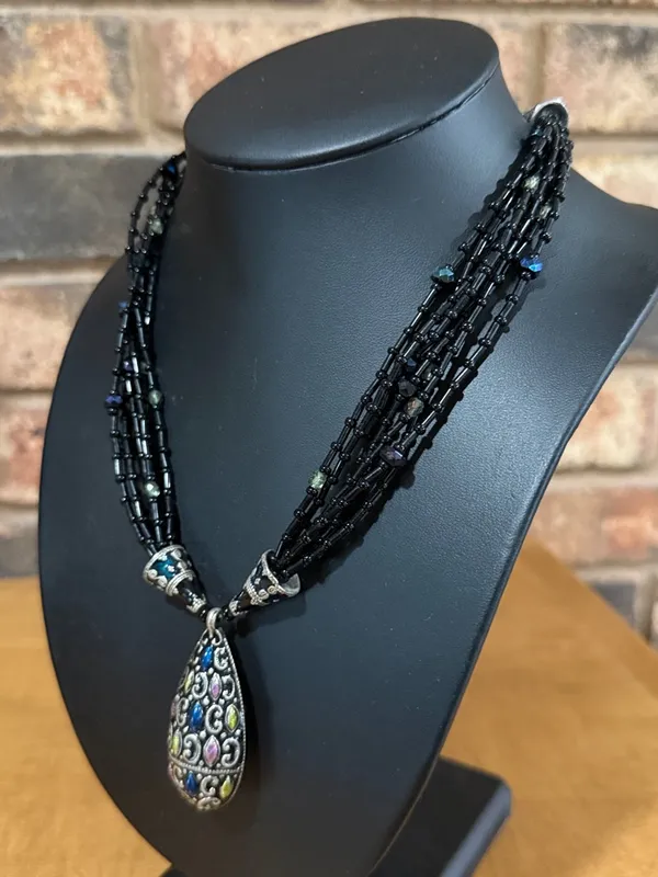 Chico’s Vintage Necklace Enamel Black Glass Beads Tier drop Pendant - Image 3
