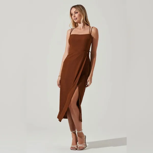 ASTR Brinda Boho Summer Vacation Faux Wrap Midi Dress in Brown One Size NWT - Image 9
