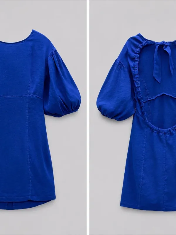 NWT Zara Royal Blue Linen Blend Open Back Puff Sleeve Mini Dress XS - Image 7