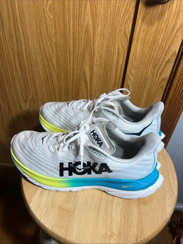 Hoka White Athletic Shoes with Yellow and Teal Accents - Image 2