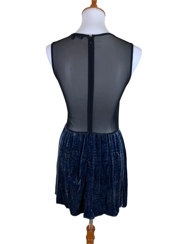 For Love & Lemons Lulu Blue Velvet Mesh Plunge Fit Flare‎ Mini Dress Medium - Image 3