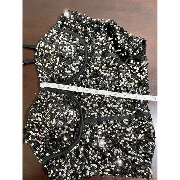 Sequin Corset Bustier Top Underwire Adjustable Straps Black Silver M Size M - Image 6