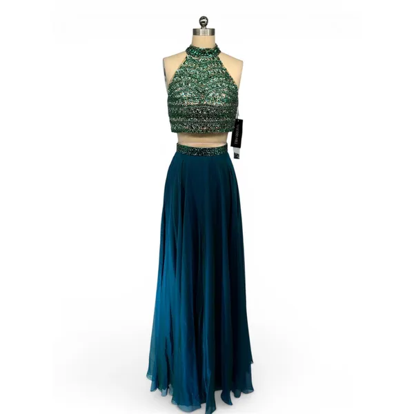NWT Sherri Hill‎ 50096 Jade Beaded Halter Crop Top & Chiffon Skirt Set Size 2 - Image 4
