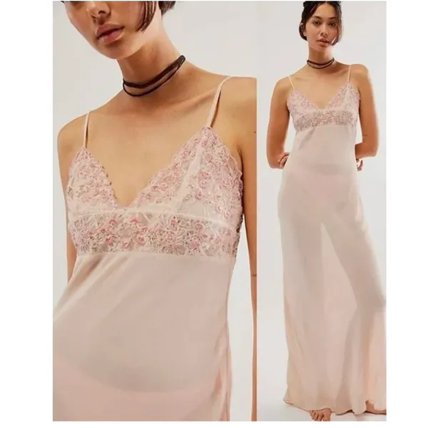 New Free People Midnight Magic Maxi Slip Dress Pink Beaded Lace Trim - Image 2