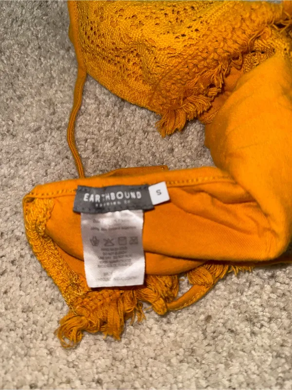 Earthbound Mustard Yellow Crochet Halter Crop Top - Image 3