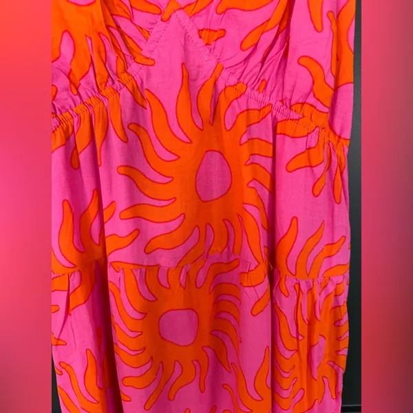J. Marie Sun Print Tiered Midi Dress NWT Pink Orange Ruffle Summer Dress Size L - Image 4