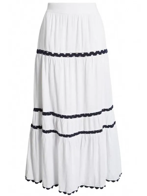 Caslon Rickrack Trim Linen Blend Tiered Maxi Skirt NWT White Navy Large - Image 6