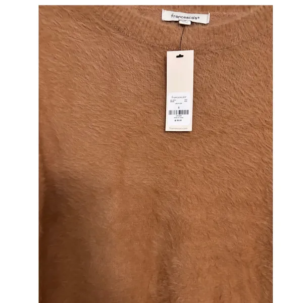 Francesca's‎ Brown Fuzzy Eyelash Knit Ruffle Shoulder Sweater NWT Small - Image 3