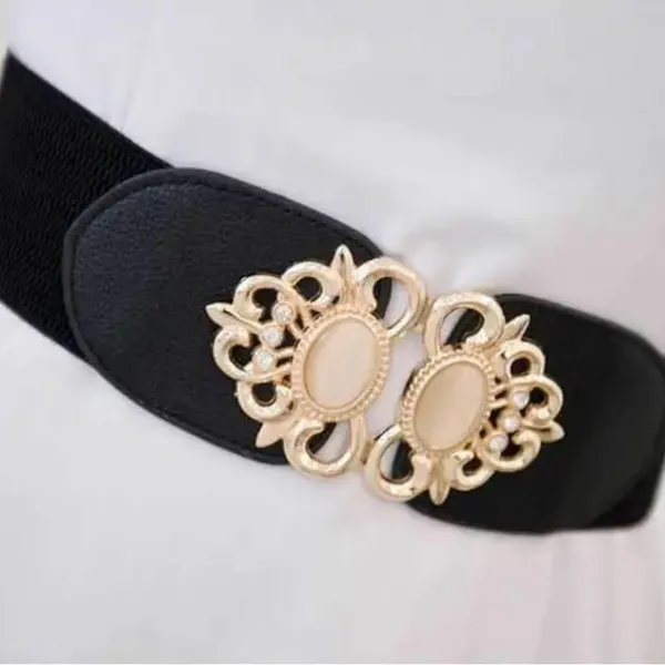 Golden Double Buckle Black Waspie Belt Stretchy Elastic Accentuating‎ Waist Band - Image 10