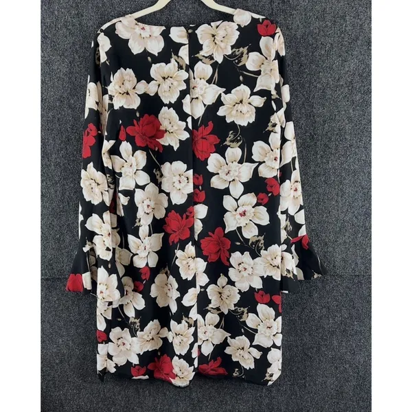 CeCe Womens Floral Mini Dress Size 12 Black Beige Red Long Bell Sleeve Lined - Image 8