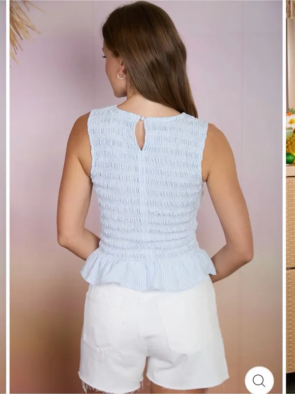 Blu Pepper Light Blue Stripe Smocked Sleeveless Blouse Medium NWT - Image 4