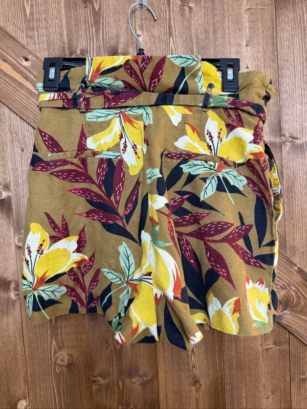 Zara Basic Women’s Small Floral Paperbag High Rise Shorts Belted Brown Yellow(93 - Image 2