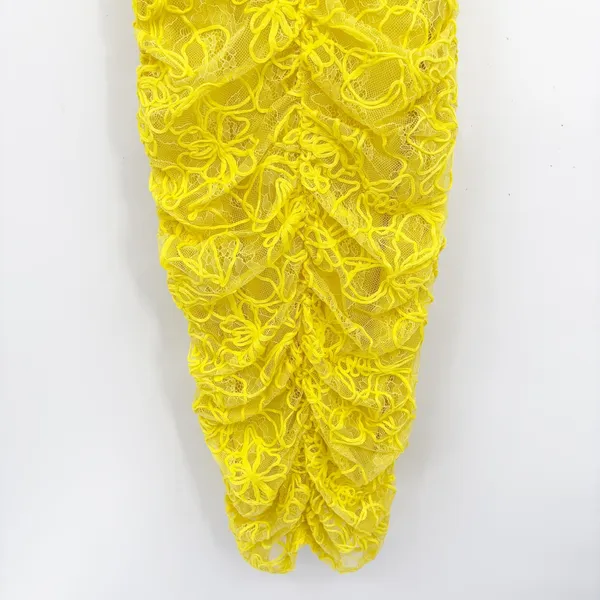 Zara Womens Blogger Fave Yellow Floral Lace‎ Ruched V-Neck Bodycon Midi Dress S - Image 5