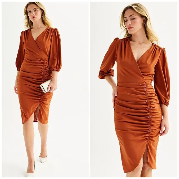 Rust Ruched Cocktail Midi Dress Puff Sleeve Wedding Guest Size 4 - Image 2