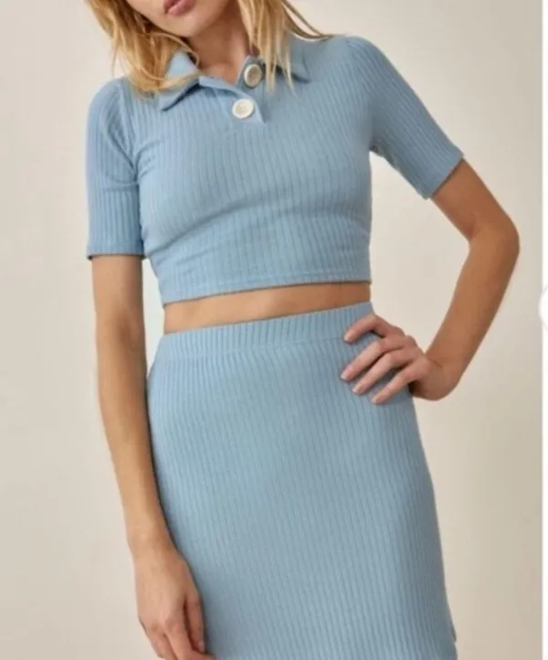 Reformation Peggy Ribbed Polo Two Button Crop Top Turquoise Green Blue - Image 5