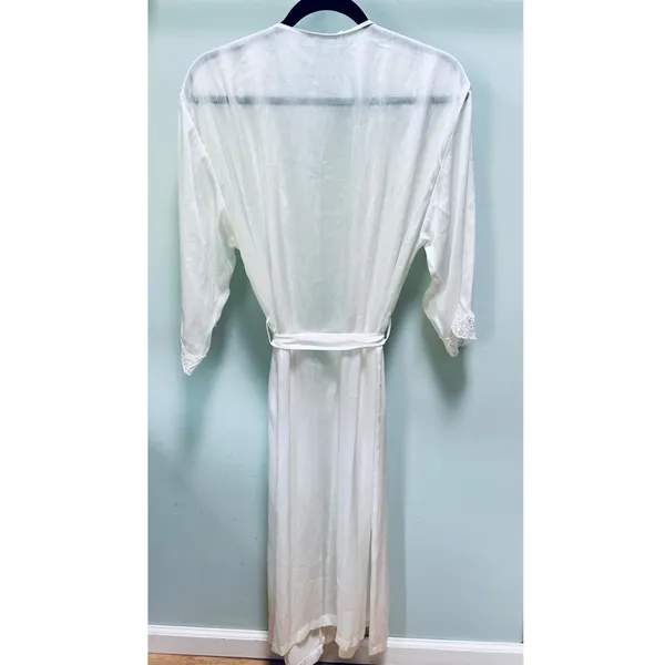 Maidenform Size S Vintage Long White Sheer Lace Trim Robe w Beading and Sequins - Image 2
