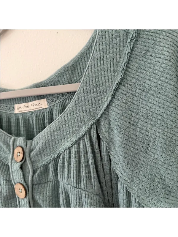 Free People We the Free Must Have Henley Waffle Aqua blue Long Sleeve size large - Image 13