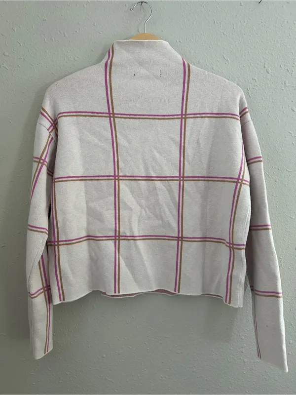 Tahari Cream Plaid Mock Neck Sweater with Pink Trim Fall Pastel Preppy Small - Image 4