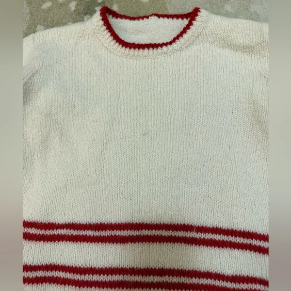 Vintage Unbranded Cream Wool Blend Knit Sweater Red Stripe Preppy Cottage core - Image 6