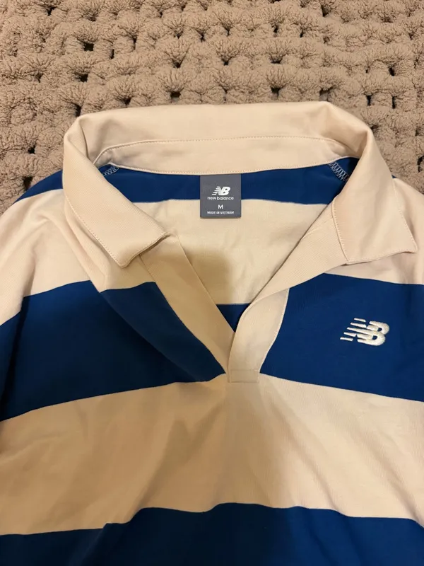 New Balance Blue and Cream Striped Rugby Shirt - Image 7