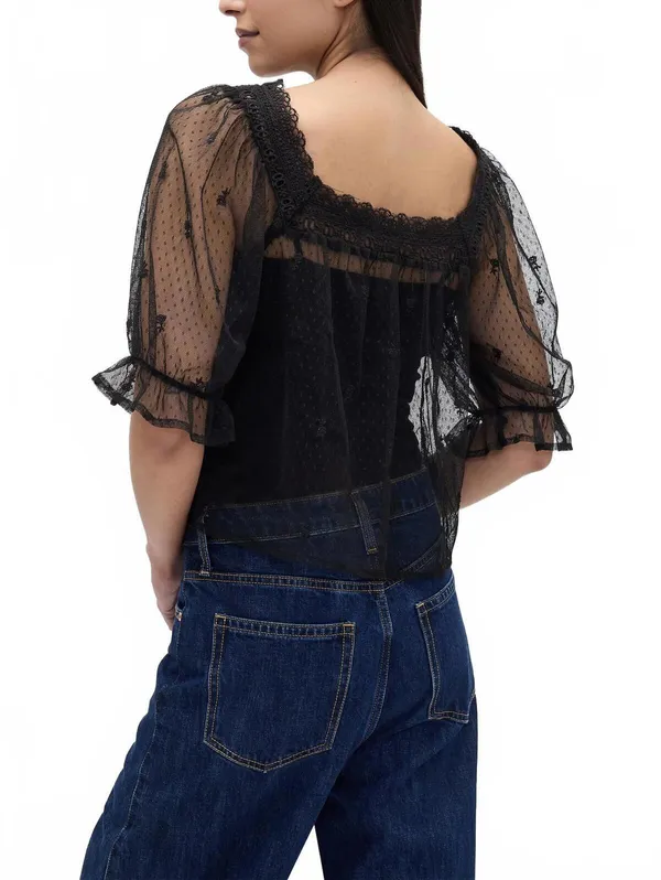 Gap Sheer Tulle Embroidered Top NWT True Black Size Medium - Image 2