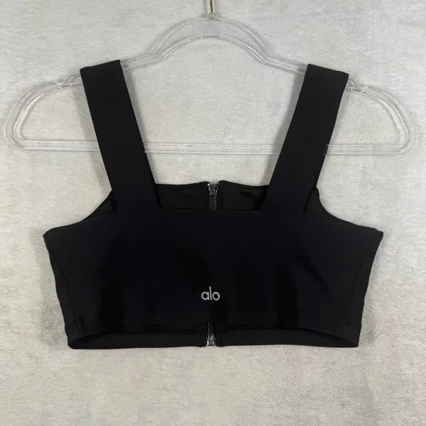 Alo Yoga Womens Black Front Zip O-Ring Square Neck Crop Top W1246R Size S - Image 10