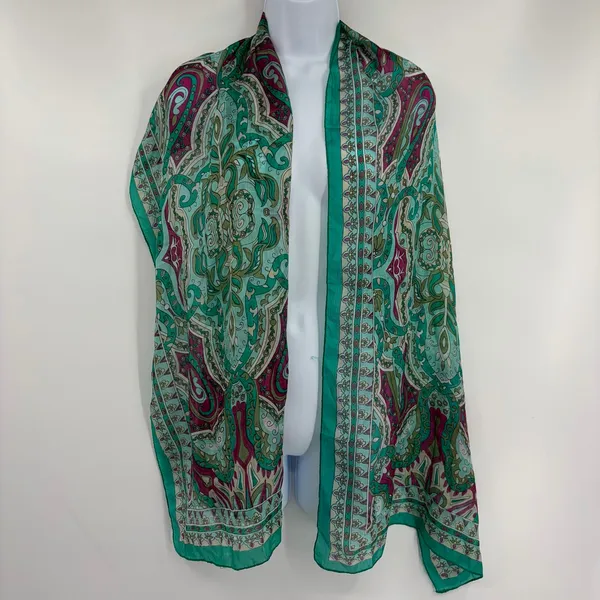 100% Silk Long Rectangle Paisley Scarf Wrap Shawl Teal Boho 18x66" Coastal READ - Image 3