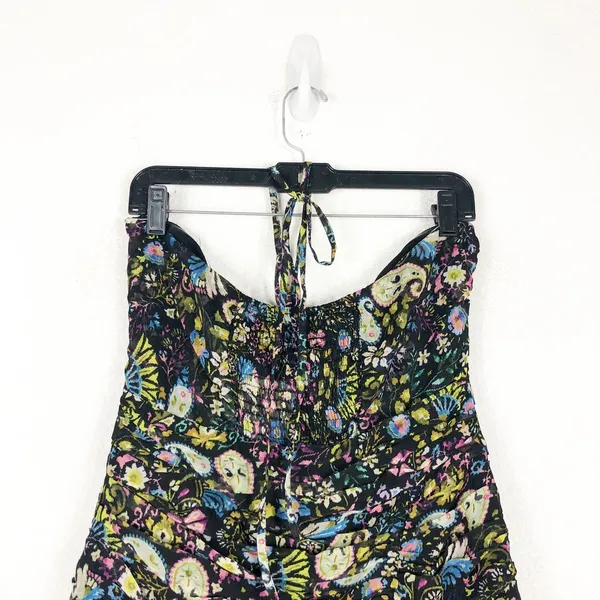 ZARA Floral Mini Dress Large Ruched Bodycon Halter Sweetheart Paisley Print - Image 12