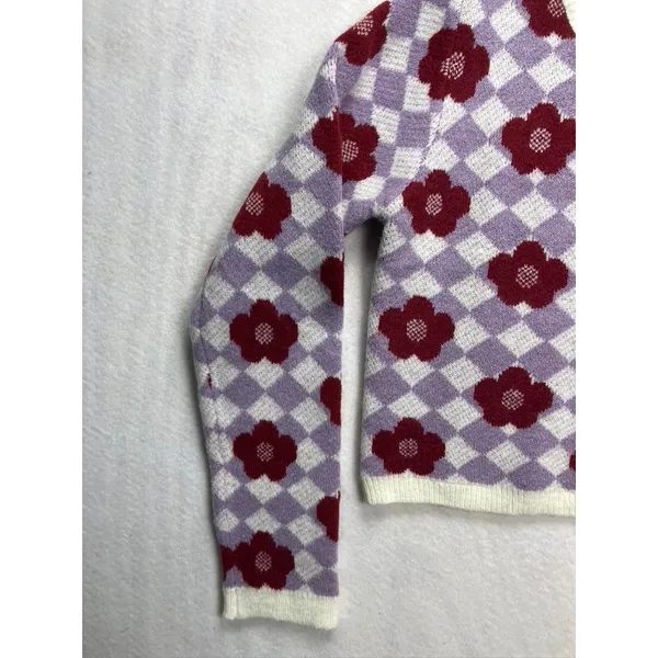 Lulus Floral‎ Checkerboard Sweater Long Sleeve Crewneck Ivory Lilac M New - Image 3