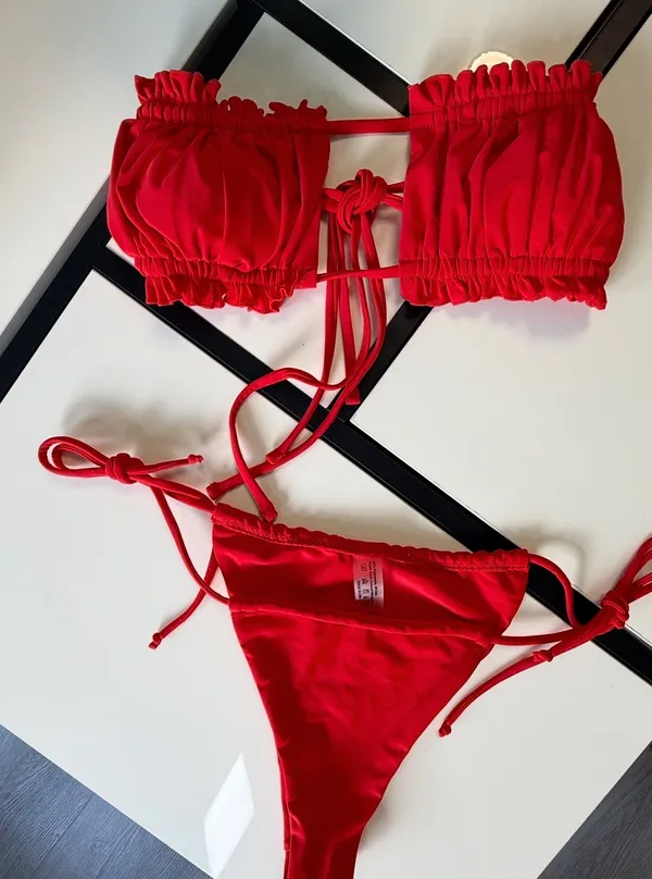 Red Boho Style Ruched Crop Top Bikini Set - Adjustable Straps - Size Small - Image 5