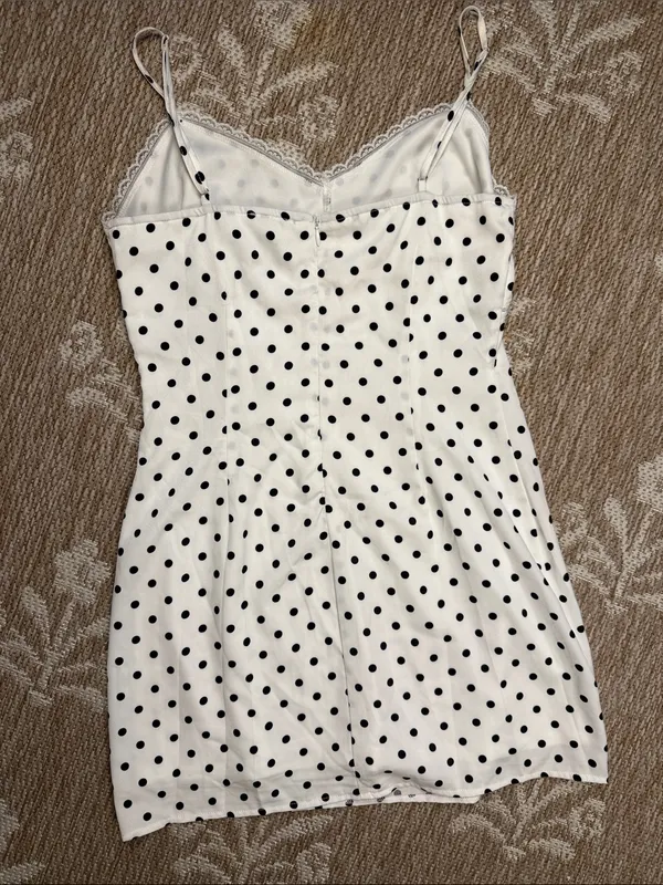 Polka Dot Lace-Trim Slip Dress - White with Black Dots - Image 3