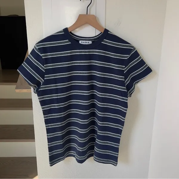 PARKE Holiday Striped T-Shirt Striped Tee in Snowflake Stripe Blue New - Image 4