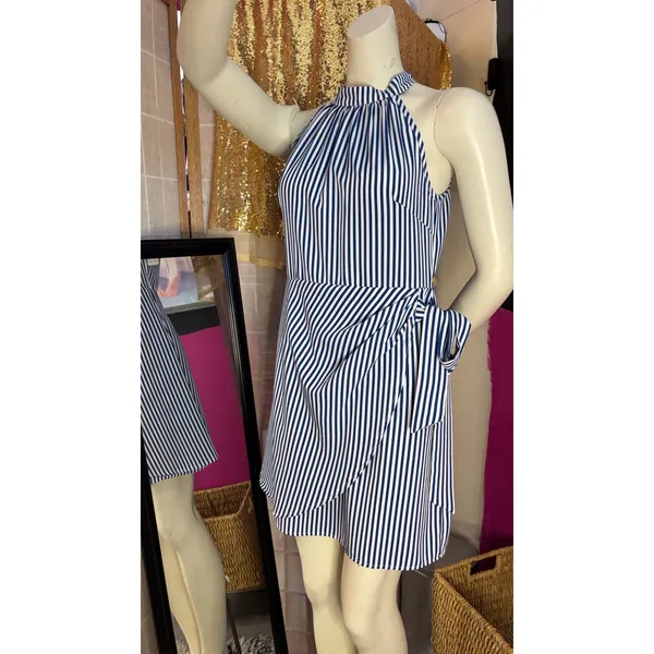 Blue and White Striped Halter Wrap Mini Dress Side Tie High Neck Nautical Summer - Image 4