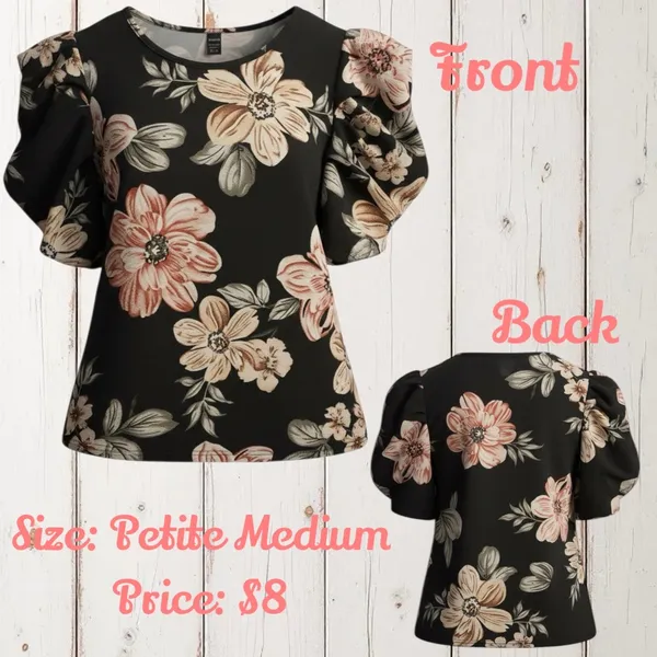 Floral Puff Sleeved Blouse Black Size M - Image 2