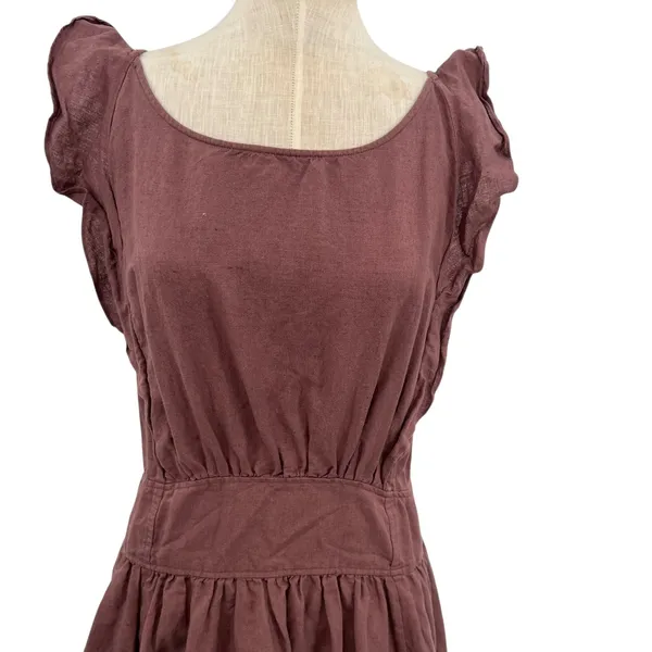 Free People Erin Ruffled Mini Dress Cut Out Back Linen Brown Size Large - Image 4