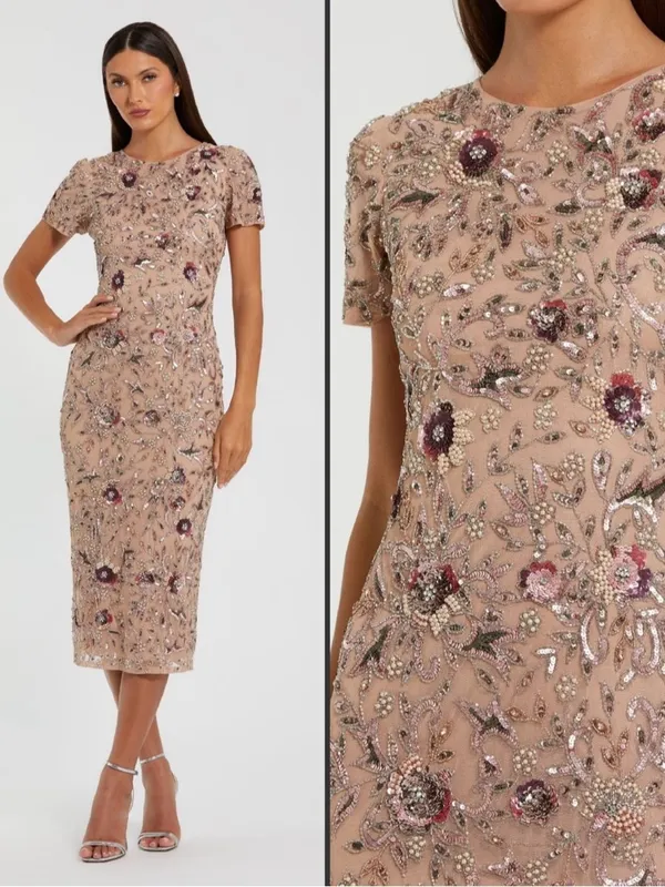 NWT MAC DUGGAL 10102 Beige Floral Embellished Short Sleeve Midi Dress Size 4 - Image 2